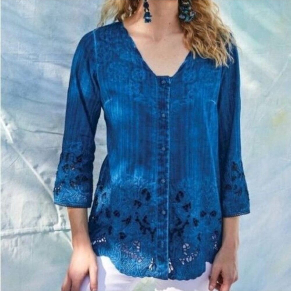 Soft Surroundings Esme Poseidon Blue Embroidered Lace Button Down Top w/ Tank S
